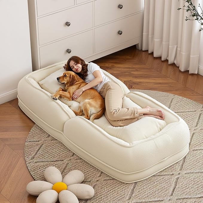 Human Dog Bed for Adults and Pets, Upholstered Foldable Lazy Sofa Bed with 5 Adjustable Positions, Corduroy Floor Sofa Bed with 2 Pillows, Convertible Recliner for Living Room, Reading Corner