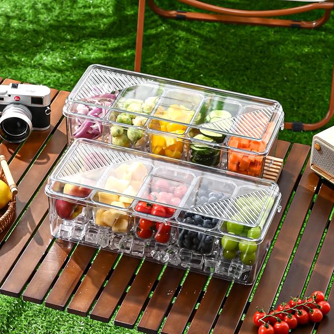 Large Chilled Condiment Caddy,Stackable Chilled Condiment Containers Server with Lids for 5 Removable Compartments (5 Containers, 1 pack)