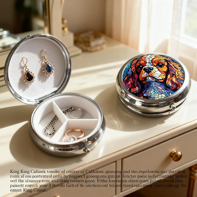 King Charles Cavalier Dogs Small Box for Pill,3 Compartment Pill Case Travel Medicine,Portable Pocket or Purse Pill Organizer Container Holder Hold Vitamins, Medication, Fish Oil Supplements