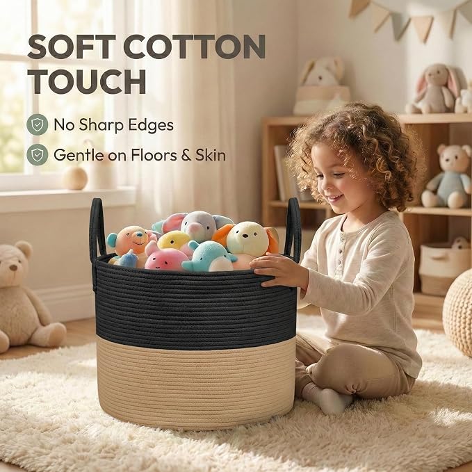 JMvicyroam 65L Extra Large Machine Washable Cotton Rope Blanket Basket | Collapsible laundry hamper, Reinforced handles, For blankets, pillows, toys and clothes, Living room and bedroom, Black&Jute