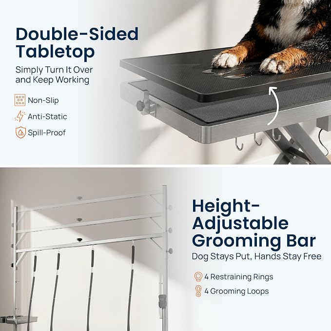 Professional Electric Dog Grooming Table - Heavy Duty | Height Adjustable Pet Grooming Table w/Leveling Wheels, Dog Grooming Arm, Anti-Slip Tabletop & Tool Organizer (Grey, 49")