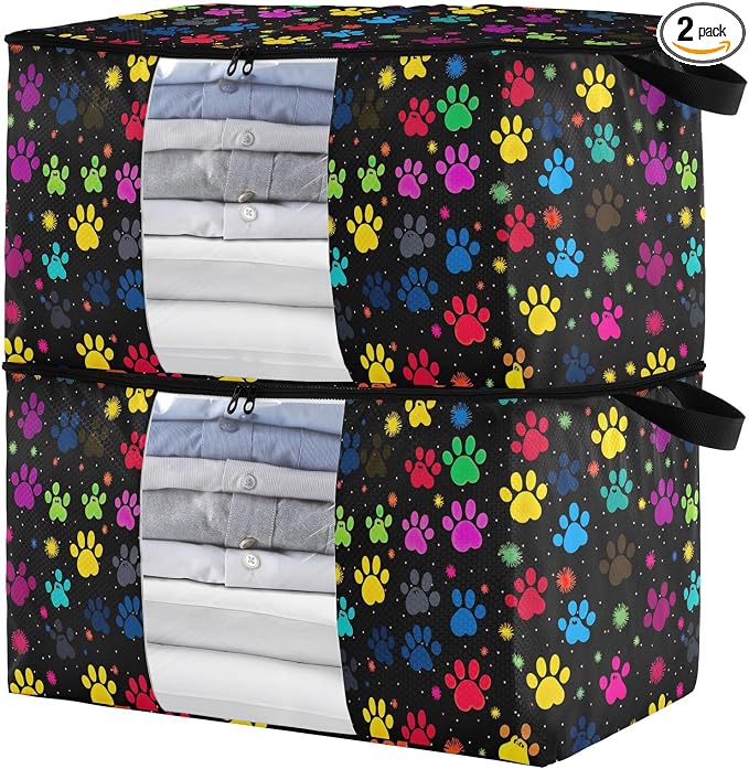 Generic Colorful Paw Prints Clothes Storage Bag Bins 2 Pack Foldable Storage Containers Large Closet Organizer with Zipper Quilt Bag for Comforters Clothing Bed Sheets 60L, g355896601p976c1037s2357
