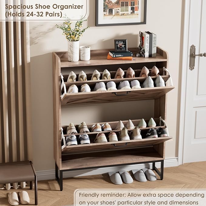 Shoe Cabinet with 2 Flip Drawers，Freestanding Shoe Storage Cabinet, Narrow Shoe Organizer Cabinet, Farmhouse Slim Shoe Rack Cabinet for Entryway,Toasted Oak