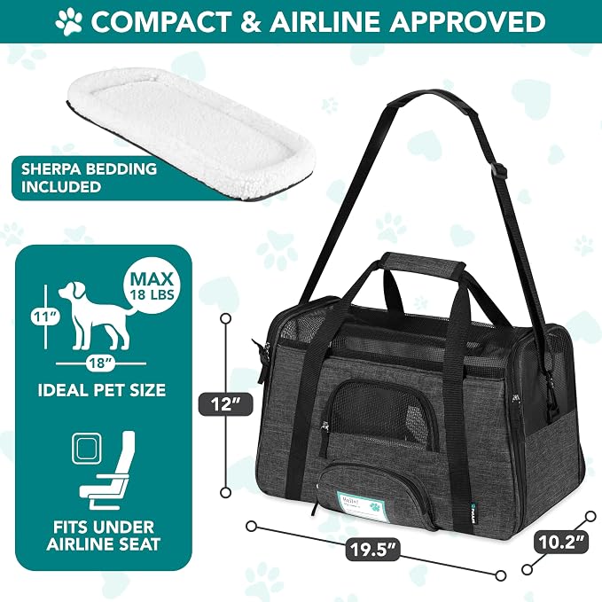 PetAmi Airline Approved Pet Carrier Cats Small Dogs, Large Heather Charcoal | Soft Sided TSA Travel Bag, Sherpa Bed, Breathable Mesh Ventilation, Collapsible Bowl, Fits Under Seat, Up to 18 lbs
