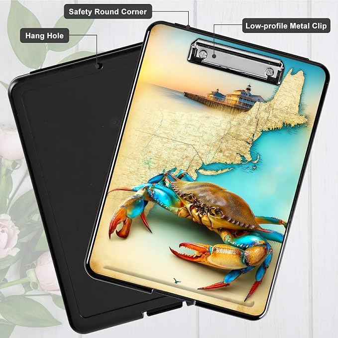 Heavy Duty Storage Clipboard, Slim Nursing Clipboard with Internal Pen Case, Portable File Organizer Case for A4 Letter Size Paper Office Medical Professionals, Map Crab
