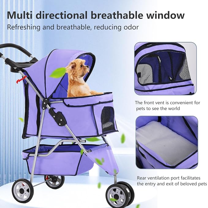 FDW Pet Stroller 3-Wheel Durable Foldable Cat Dog Stroller with Washable Liner Storage Basket Cup Holder,Purple