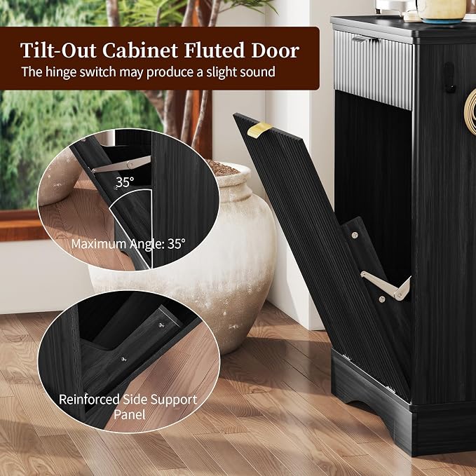 Pet Feeding Station, Dog Food Storage Cabinet with 2 Hidden Bowls, Black | Tilt-Out Pet Food Storage with Drawers and 3 Hooks, Cats and Dogs Food Organizer Cabinet for Kitchen,Living Room