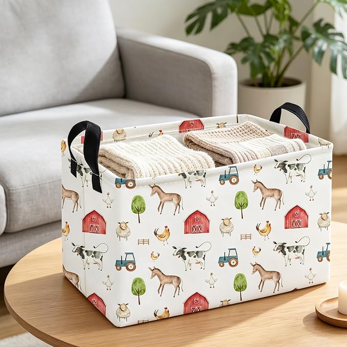 Essme Rectangular Farm Basket,Cute Storage Bins with Handles for Room Decor,Shelf Basket.(Farm)