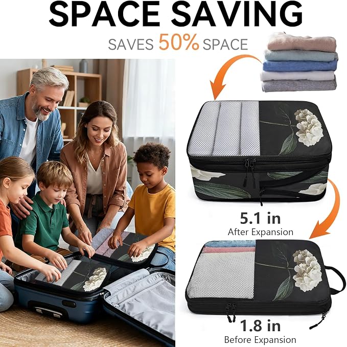 Hydrangea 6 Set Compression Packing Cubes Floral Expandable Packing Organizer for Travel Accessories Luggage Suitcase Bag