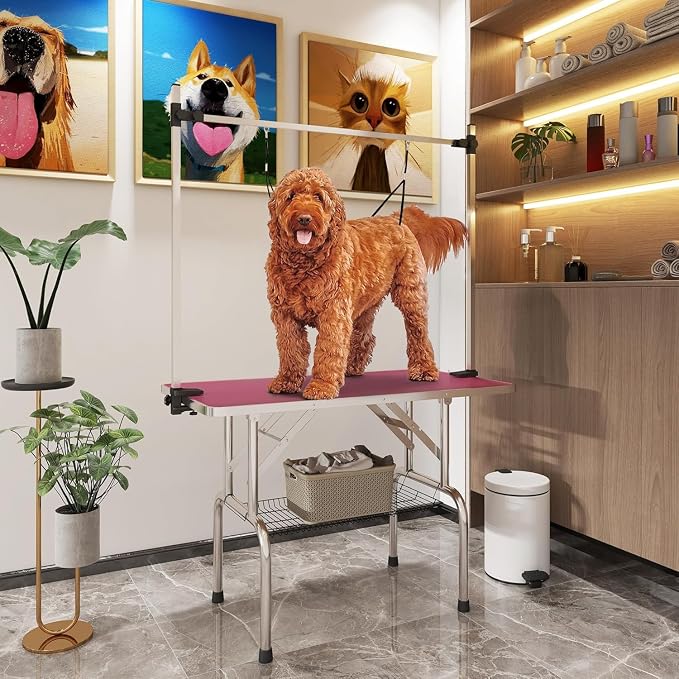 Pet Dog Grooming Table, Foldable Stainless Steel Pet Drying Grooming Table Up to 330lbs, Professional Bathing Desk for Dogs at Home with Adjustable Overhead Arms, Noose, Mesh Tray, 42''/Pink