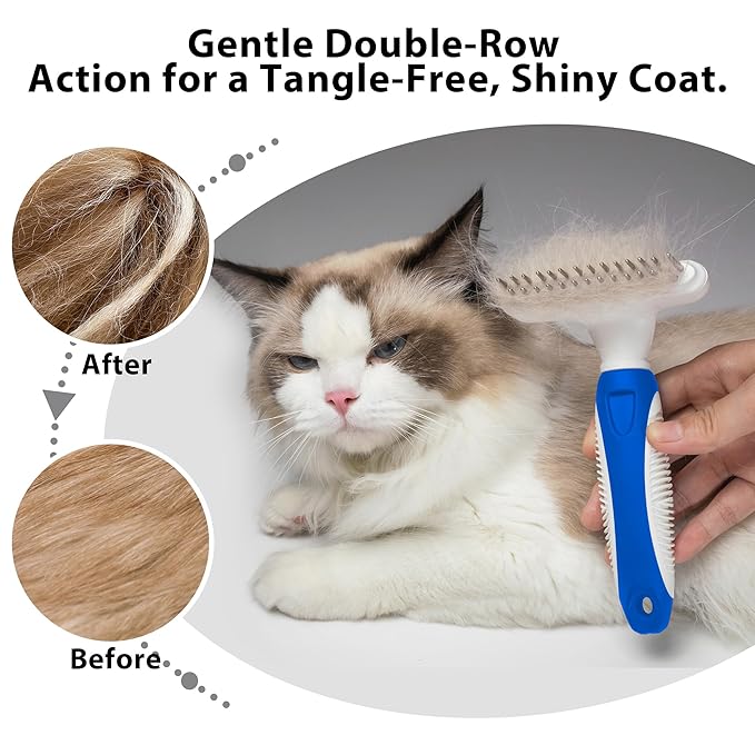 Dog Cat Grooming Tool Rake, Pet Dematting Tool with Stainless Steel Shedding Comb, Double Row Pet Rake Gently Remove Loose or Tangled Hair from Undercoat Blue
