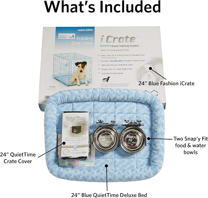 MidWest Homes for Pets Blue Fashion iCrate Starter Kit, 24-inch Dog Crate Bundle for Small Dogs, Includes Cage, Pet Bed, 2 Bowls and Privacy Cover