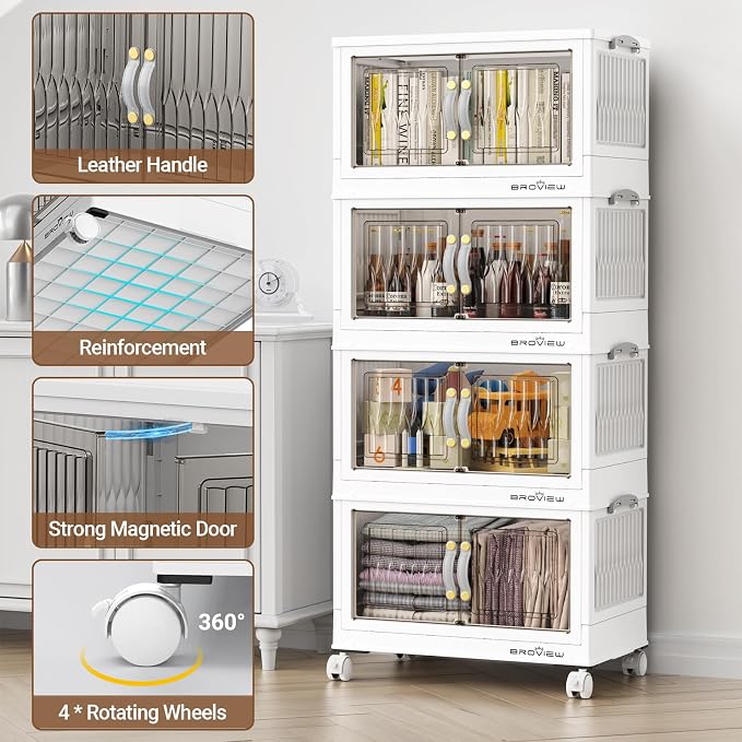BROVIEW 135Qt Stackable Storage Bins with Lid for Home Dorm, 3Pack White | Closet Organizers, Foldable & Collapsible Cabinets, Large Containers, Wheels & Magnetic Doors, Plastic Drawers for School