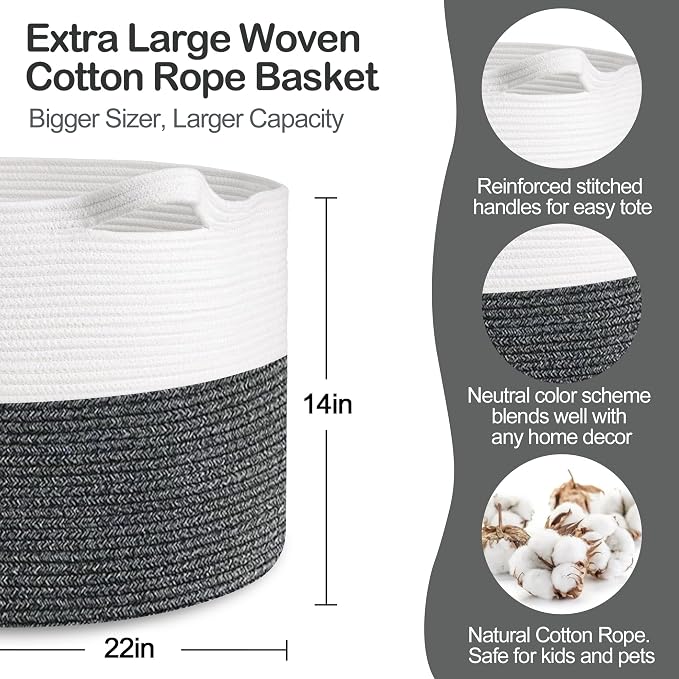 MEGASKET Large Throw Blanket Basket, 22" X 22" X 14" XXXL Blanket Holder for Living Room, Big Wicker Baskets for Storage, Woven Cotton Rope Kids Toy Box, Throw Pillow Holder Organizer Bin