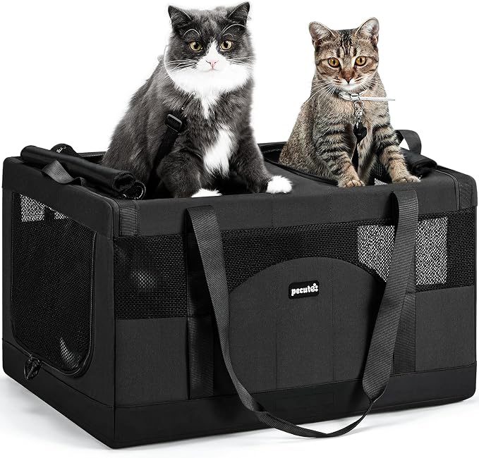 Pecute Cat Carrier, Soft Double Pet Crate for 2 Cats Travel, Dark Gray | Anti-Collapse Steel Frame, Convertible Dual Space, Foldable, Polyester Breathable mesh, Up to 26 lbs, Car Travel & Vet Visits