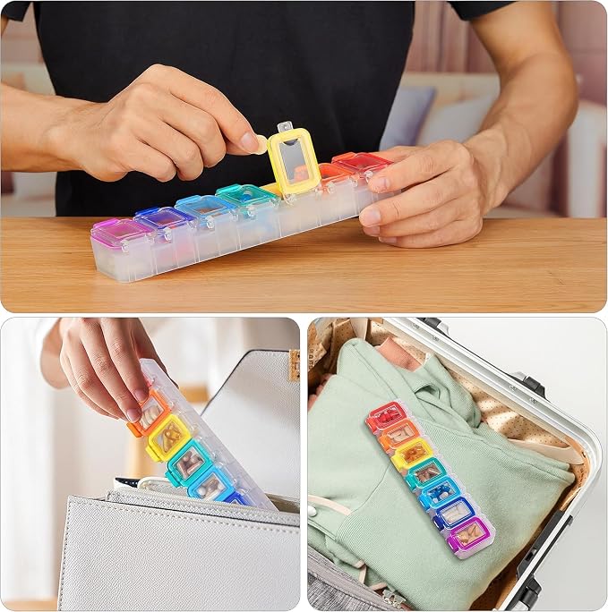 Fullicon Moisture Proof Pill Organizer 7 Day, Pill Box, Rainbow Clear | Each Compartment Holds Up to 40 Small or 15 Large Capsules, 10 Tablets, or 9 Fish Oils, Spill Proof, Color Coded, BPA Free