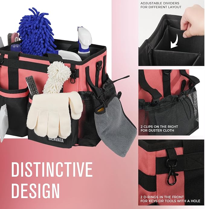 SCAVATA Compact Wearable Cleaning Caddy with Handle & Shoulder Straps | Small Cleaning Supplies Organizer, Under Sink & Car Cleaning Tools Storage Bag for Housekeepers Cleaners, Coral Pink