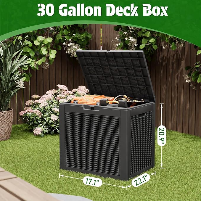 30 Gallon Outdoor Storage Box Waterproof Deck Box for Patio | Black, Resin, Small, Weatherproof, Lockable, Compact, Easy Assembly, Patio Pool Garden Accessories Storage, Organization
