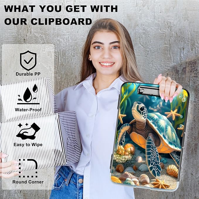 A4 Clipboard with Storage Pen Holder, Clipboards Organizer Nursing Clipboard Foldable File Folder Plastic Clipboard Folio Clip Board for Office Work Classroom Doctor, Sea Turtle Seaweed