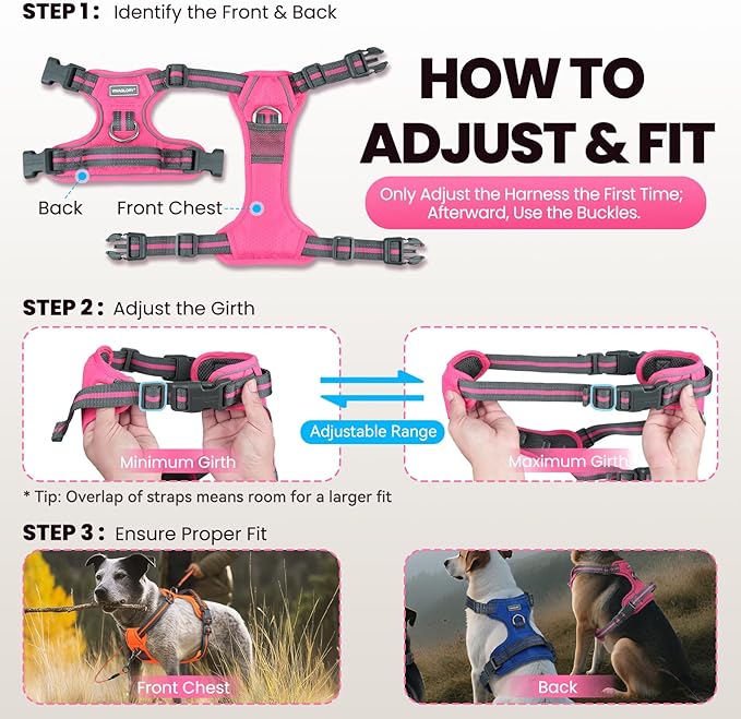 VIVAGLORY No Pull Dog Harness Vest Harness, XL, Pink - Patterned | with Handle Front and Back Clip for Training & Pulling, No Pull & Escape Proof Padded Adjustable for Pet Puppy