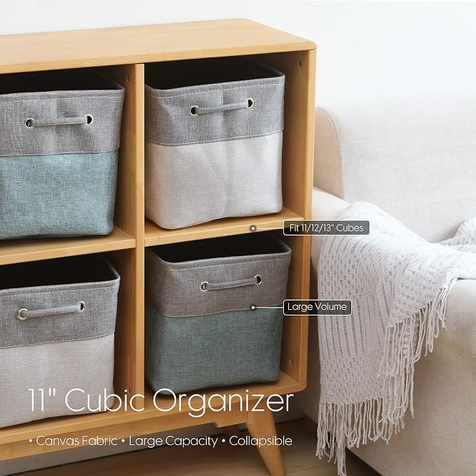 Sea Team Open-Top Canvas Storage Cubes with Handles, 11-Inch, 3-Pack | Collapsible Storage Bins, Fabric Baskets, Closet Shelf Organizers for Home and Office, Stone Blue & Gray