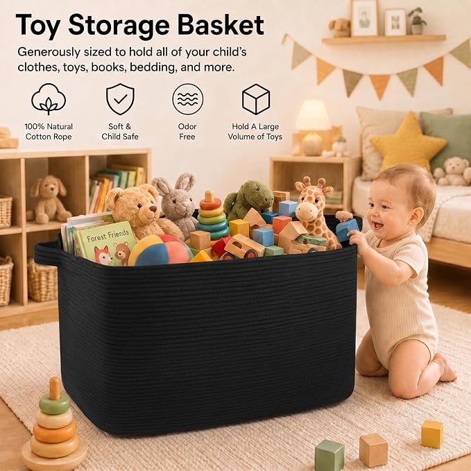 OIASKET 118L Extra Large Blanket Basket Living Room, 24.8"x17.7"x16.2" | Woven Rope Baskets for Storage, Nursery Blanket Storage for Living Room, Toy Basket with Handle Organizing Comforter Pillows