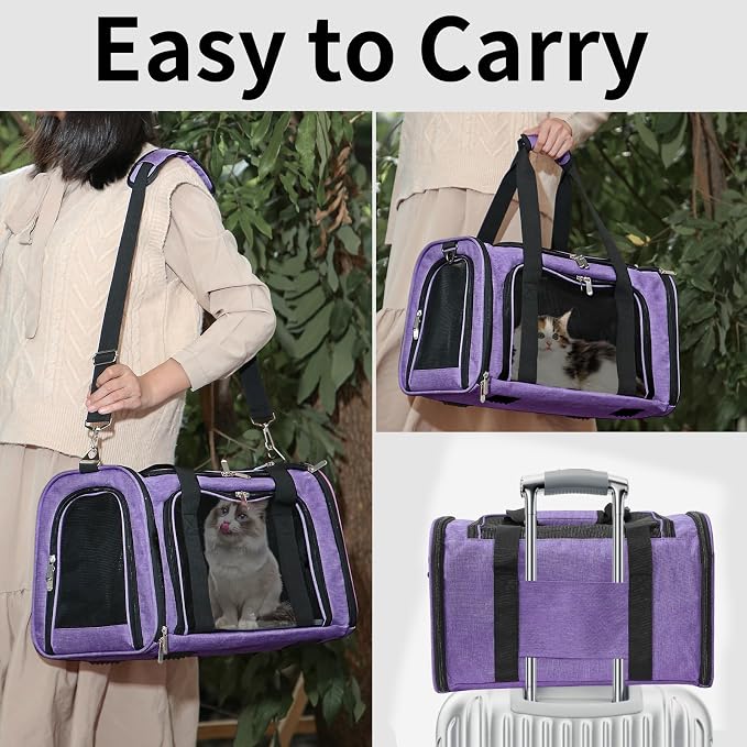Soft-Sided Cat/Dog/Pet Carrier, Collapsible Pets Travel Carriers | for Big Cats/Small Dogs with Shoulder Strap & Removable Mat, Mesh Puppy Carry Bag, Up to 16 Lbs, TSA Airline Approved(Purple)