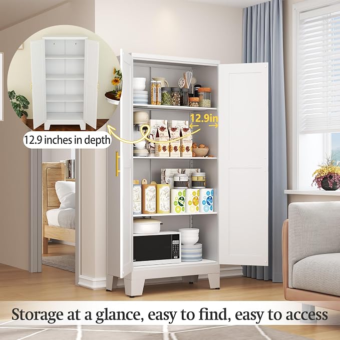 White Metal Storage Cabinet, 61" Kitchen Pantry Cabinets for Office | Steel Kitchen Pantry Storage with Doors and 3 Adjustable Shelves, Metal Tool Cabinet, for Office, Home, Garage, School