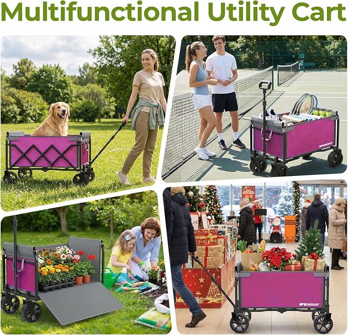 Pink Folding Wagon Cart with Wide Wheels, Lightweight & Portable, Easy Fold & Removable Side Utility Wagon for Groceries, Gardening, Camping, Pet Use