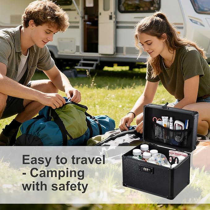 Lockable Security Storage Box - Shiny Black Safe Combination Lock Box, Cabinet Med Organizer, 10 x 7 x 7.9 Inches Safe Case for Documents, Valuables, Medicine & Money