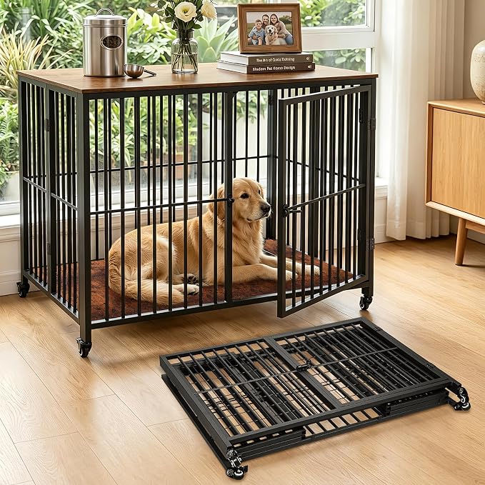 42.3" Large Dog Crate Furniture Foldable, Easy Assembly Dog Kennel Indoor, Heavy Duty Wooden Dog Cage End Table with Wheels, for Small/Medium/Large Dogs