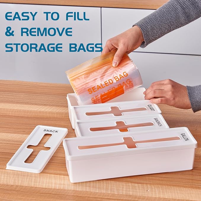 Storage Bag Organizer for Kitchen- Baggie Drawer Organizer & Plastic Food Storage Bags Holder- Compatible with Gallon, Quart, Sandwich, Snack Bags, Freezer, Slider Bags-4 Separate Pieces White