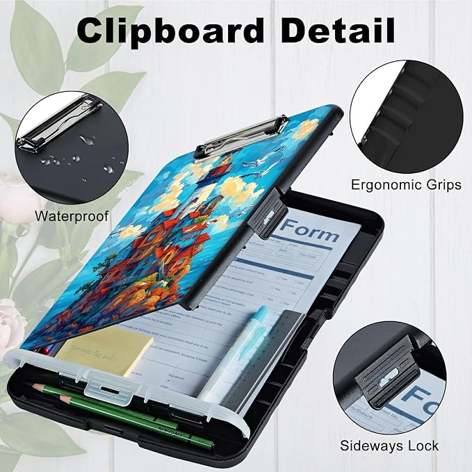 A4 Clipboard with Storage Pen Holder, Clipboards Organizer Nursing Clipboard Foldable File Folder Plastic Clipboard Folio Clip Board for Office Work Classroom Doctor, Blue Sky Castle