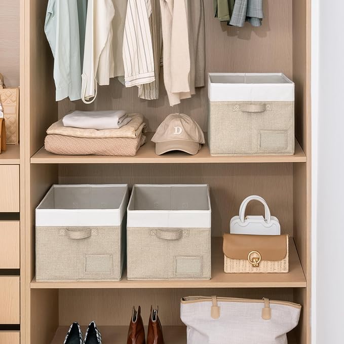 GRANNY SAYS Closet Storage Bins with Label, Khaki&Ivory, Large, 3-Pack | Closet Storage Bins, Large Fabric Storage Bins, Collapsible Clothing Storage and Organization, Decorative Storage Bins