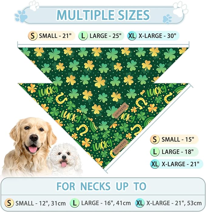 St. Patrick's Day Dog Bandanas, 2-Pack Triangle Reversible Love Pet Scarves, Premium Fabric, Irish Bandana for All Dogs (X-Large, Style 1)