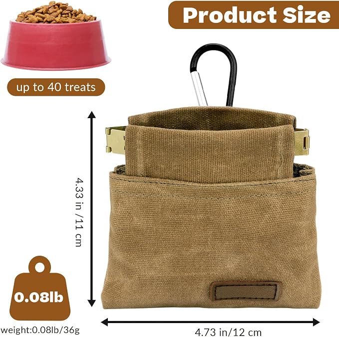 Dog Treat Pouch, Portable Auto Closing Dog Training Treat Bag with Carabiner, Hands Free Pocket Sized Snack Reward Pouch for Puppy Walking Travel Outdoor Use, Brown