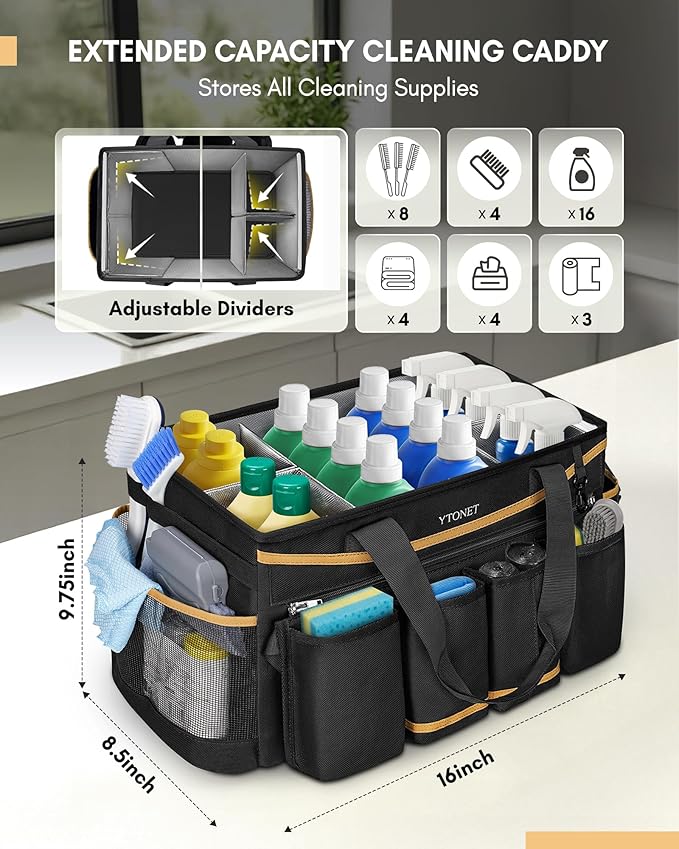 Ytonet Cleaning Caddy Bag, Extra Large Cleaning Supplies Organizer, Black | Detachable Apron & Foldable Dividers, 900D Cleaning Tote with Handle, Portable Cleaner Caddy for Housekeeper, Detailing Bag