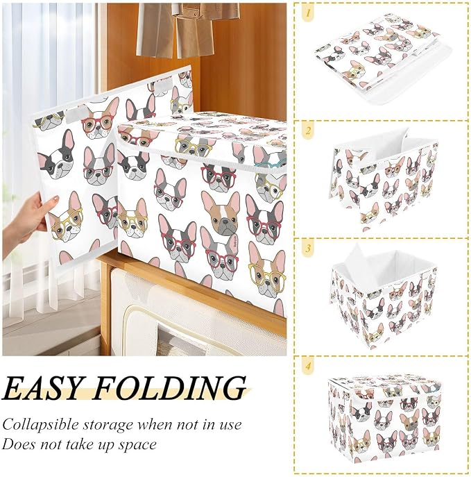 Dog Glasses Pattern Storage Bins with Lids Closet Bedroom 40L Fabric Bin | Decorative Storage Boxes, Foldable & Stackable, Dust-Proof Flip Top, Reinforced Handles, For Home & Dorm, Clothes & Toy Box