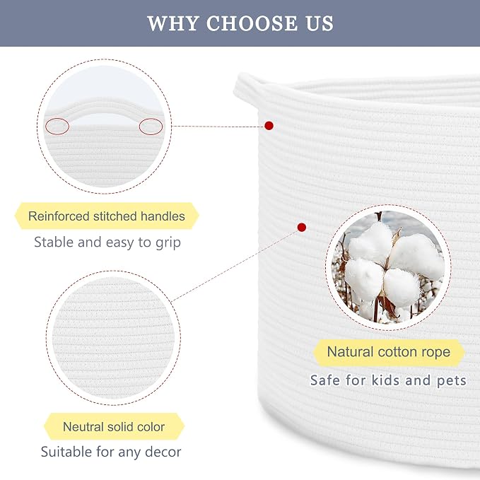 Extra Large Blanket Basket 87L, Laundry Hamper, Baby Nursery Hamper for Storage Toys Clothes Towels, Large Cotton Rope Laundry Basket for Girls Boys, 22”x 14”, White