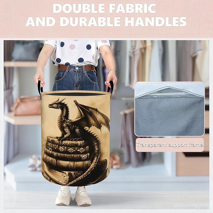 Dragon Book Laundry Basket Hamper 19.7"x15.8", Organizer Bins Gifts for Kids Boys Girls, Fantasy Dragon Foldable Waterproof Oxford Clothes Storage Bucket for Bedroom Bathroom Decor