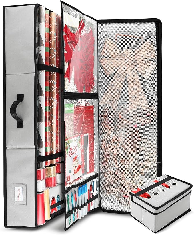 Hearth & Harbor Wrapping Paper Storage Container - Christmas Storage Bag with Ribbon Dispenser and Interior Pockets - Gift Wrap Organizer Fits Up to 26 Rolls of 40" Length, Silver