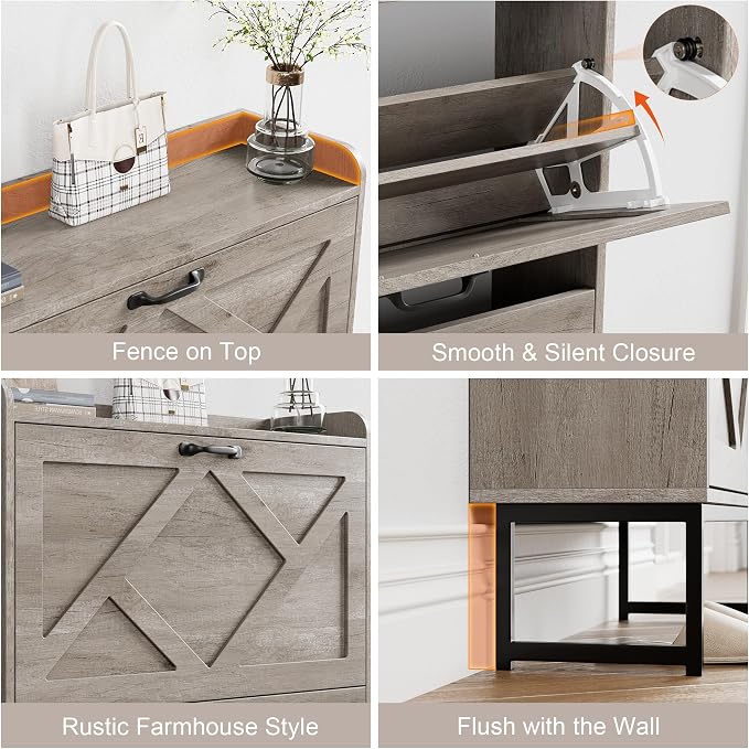 Shoe Storage Cabinet with 2 Flip Drawers, Freestanding Shoe Organizer, Shoe Cabinet with Metal Legs, Narrow Shoe Rack Cabinet, Farmhouse Slim Shoe Cabinet for Entryway, Hallway, Rustic Gray