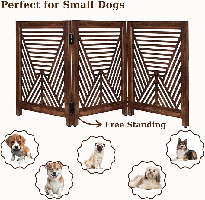 Lightnpro 3-Panel Wooden Dog Gate – Rustic Burnt Finish Foldable Freestanding Pet Barrier, Extra-Wide Indoor Safety Fence for Small Dogs & Puppies – 24x54 Inch
