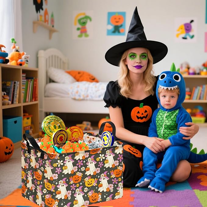 Halloween Pumpkin Ghost Storage Basket, Foldable Toy Organizer Bin | Halloween Pumpkin & Ghost Design with Cotton Linen Fabric, Waterproof Lining, Leather Handles and Foldable Storage Style