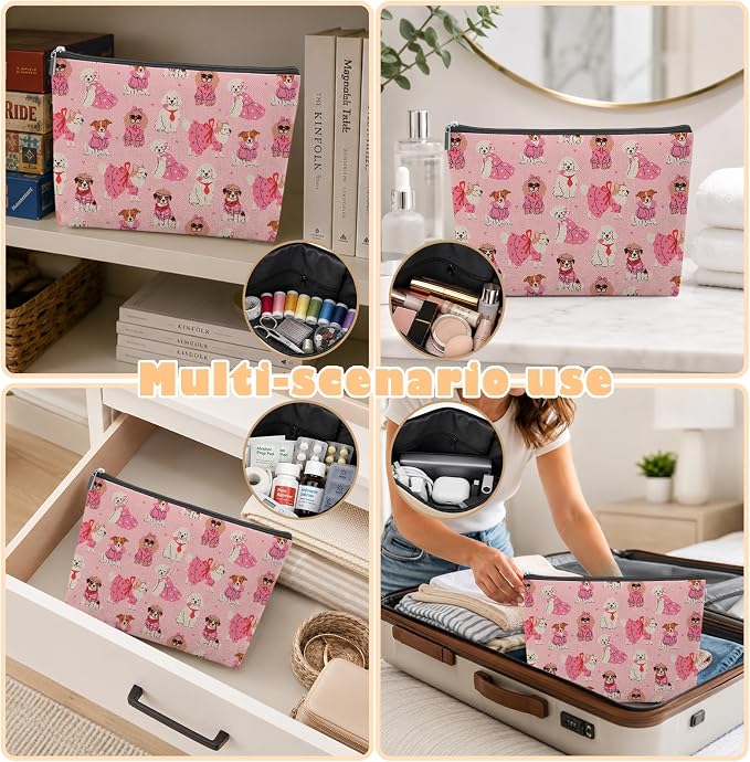 Pink Cute Dog Empty Mahjong Tile Bag 13x7.8 Inch | Pet Printed Portable Travel Case Organizer Zipper Pouch for American Mahjong Tiles Game Night Accessories and Gifts