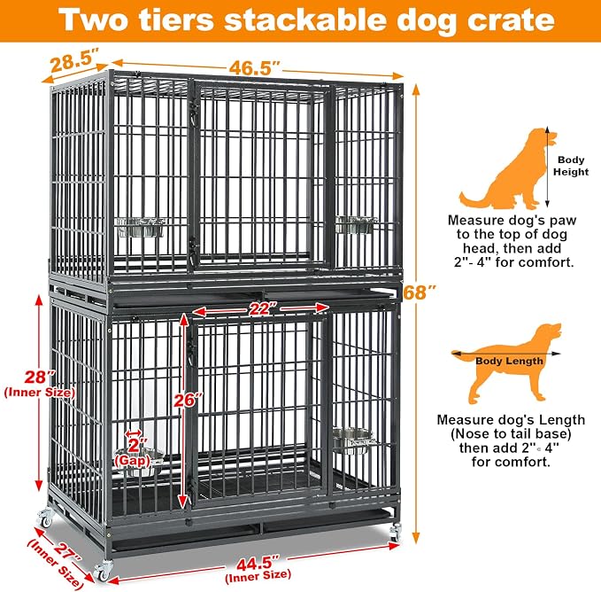 Homey Pet Two Tiers Heavy Duty Dog Crates for Large Dogs, 8 Pack | 47 Inch Stackable Large Dog Crate Cage with 4 Wheels, 2 Removable Trays and Grids, Multi Locks Strong & Solid Escape Proof