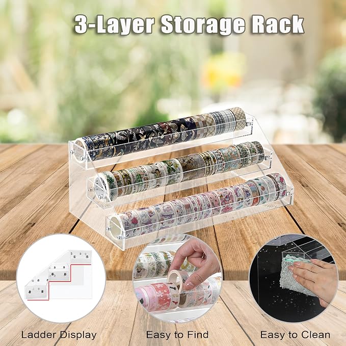 BTSKY 3 Tier Washi Tape Organizer - Clear Plastic Washi Tape Storage Rack, Assembly Washi Tape Storage Holder Washi Tape Dispenser Desk Accessories Display Caddy for Scrapbooking Art Craft Supplies