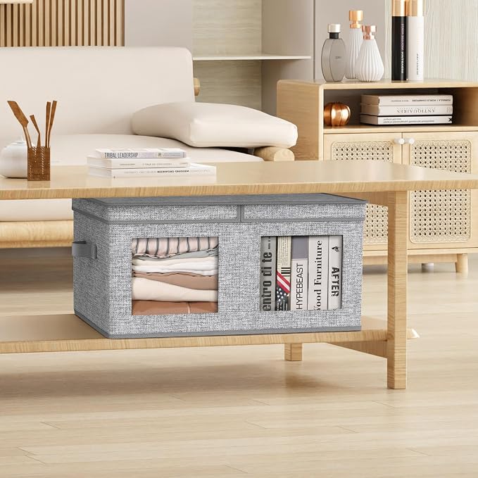 Univivi Large Fabric Storage Bins with Lids for Clothes 2 Pack, Grey | 24 x 17 x 12 In Foldable Storage Boxes with Handles, Clear Window, Closet Organizers for Home, Bedroom