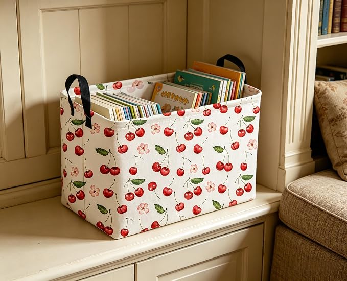 Sanjiaofeng Rectangular Kids Baskets,Pink Cherry Storage Bin,Kids Storage Bins,Collapsible Storage Bin Cute Organizer Box Books Box,Gift Basket,Girl Room Decor(Cherry)