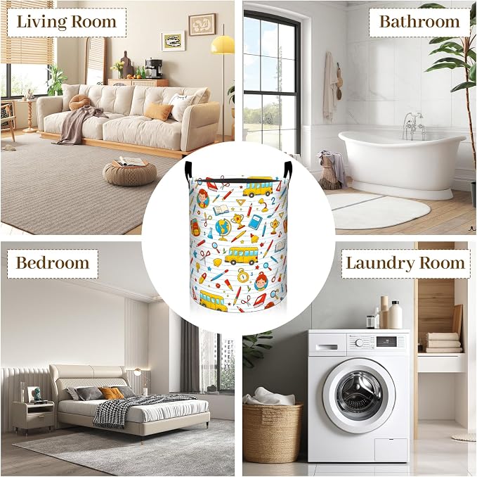 Study Supply Laundry Basket, Cute Cartoon Foldable Oxford Cloth, Waterproof Dirty Clothes Hamper with Handles, Clothing Storage Bin Toy Organizer for Bedroom Dorm Bathroom, 19.7"x15.7"